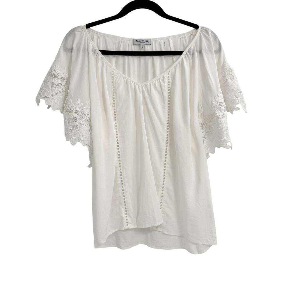 RAMY BROOK Linen Blend White Flowy Eyelet Sleeve Blouse Subtle V-neck Top Size M
